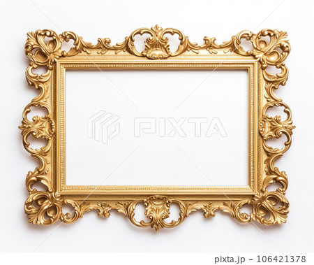 Gold frame for a picture in a classic baroque style on a white background. Illustration, Generative AI. 106421378