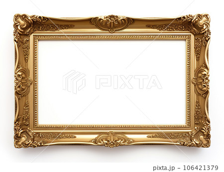 Gold frame for a picture in a classic baroque style on a white background. Illustration, Generative AI. 106421379