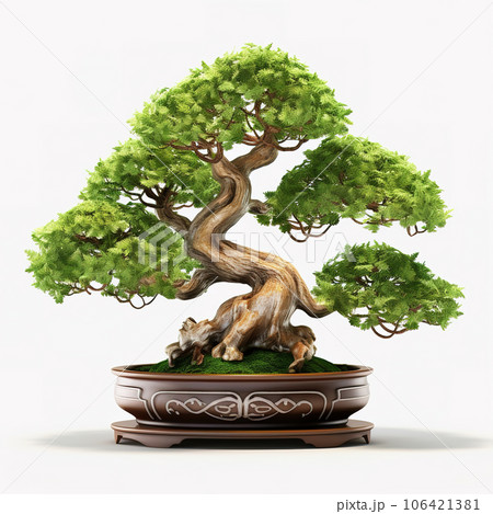 Image of bonsai tree with green leaves and a beautiful shape in a pot on a white background. Illustration, Generative AI. 106421381