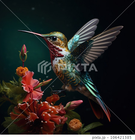 Image of a hummingbird flying, Bird, Wildlife Animals., Generative AI, Illustration. 106421385
