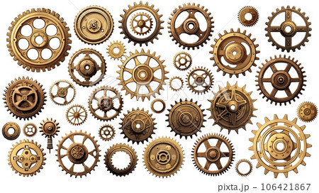 Old brass metal gears.Vintage bronze metallic cogwheels isolated on white, retro style separated gearwheels Old brass metal gears.Vintage bronze metallic cogwheels isolated on white, retro style separated gearwheels 106421867