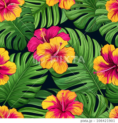 Exotic floral seamless pattern with monstera leaves and tropical flowers. Palm tree leaf, bright lily flower. Texture for fabric, background, vector template 106421901