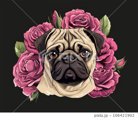 Cute pug in roses print template. Puppy dog and flowers, pink rose plants. Decorative poster or card graphic art vector design 106421902
