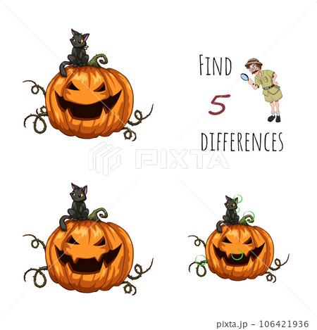 Halloween cartoon puzzle. Find 5 differences on pumpkin. Funny children task. Holiday maze with logic test 106421936