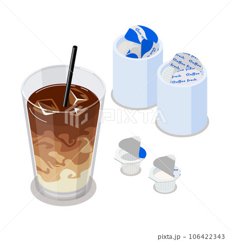 カフェラテとガムシロップとミルクのアイソメトリックベクターイラスト 106422343