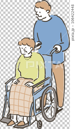 A middle-aged woman in a wheelchair and a middle-aged man assisting her 106422448