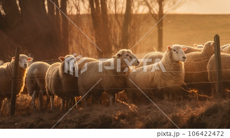 A flock of sheep standing in a field behind a barbed wire fence, AI 106422472