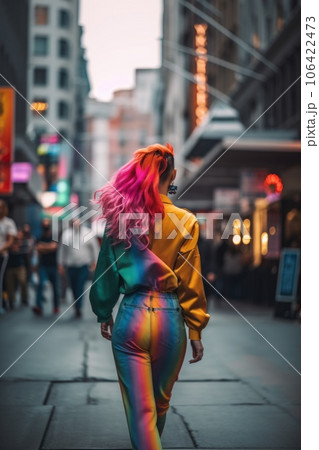 A woman with rainbow hair and wearing rainbow clothes walking down a city street, AI 106422473