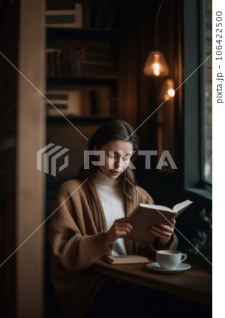 A woman is reading a book in a cafe, AI 106422500