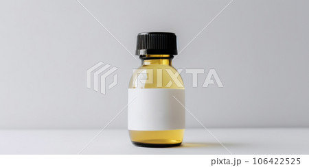 A bottle of essential oil with blank label on a white surface, AI 106422525