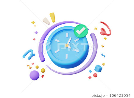 3D render, Minimal Alarm clock with colorful floating confetti isolated on white background, Management time and planning concept, reminder and notification. Wake up and sleep time. 106423054