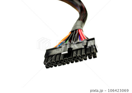 PSU cable. 20 and 4 pin plug for connecting the computer motherboard to the power supply white background 106423069