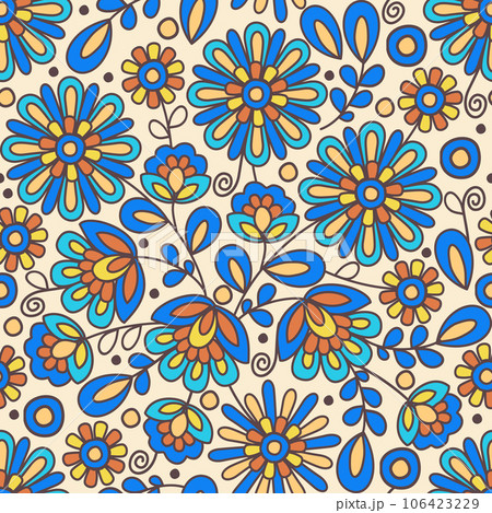 Slavic floral seamless vector ornament. Bright blue and yellow flowers on light background Slavic floral seamless vector ornament. Bright blue and yellow flowers on light background 106423229