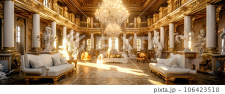 luxurious interior of the hotel lobby with comfortable furniture and columns, banner 106423518