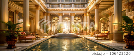 luxurious wellness with pool and sofas, baroque hall with columns, banner 106423520