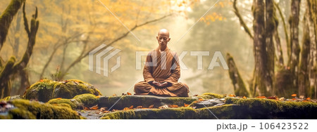 monk meditating on a stone in the forest, banner 106423522