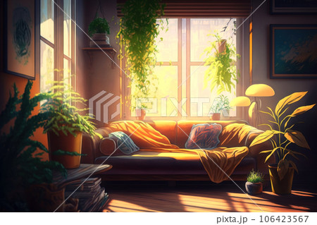 Aesthetic cozy interior of living room of house with large window 106423567