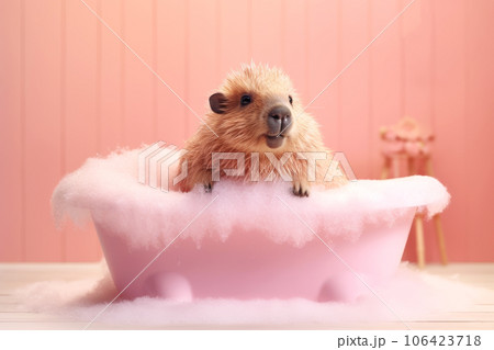 A cute capybara is sitting in a pink bubble bath on a pink background. A friendly animal washes and swims. Generated by AI. 106423718