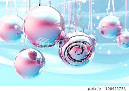 Futuristic composition of suspended glass pink and blue Christmas balls on a light background. Generated by AI. Futuristic composition of suspended glass pink and blue Christmas balls on a light background. Generated by AI. 106423728