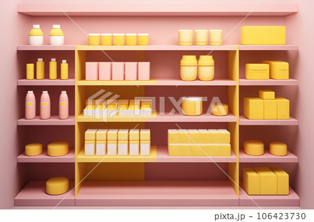 Pink cabinet with shelves and varios mockups of beauty products without labels. Generated by AI. Pink cabinet with shelves and varios mockups of beauty products without labels. Generated by AI. 106423730