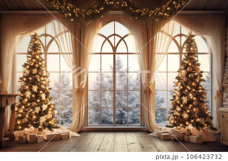 A huge rich living room with two decorated Christmas trees and gift boxes. Arched panoramic windows overlooking the snow-covered forest. Generated by AI. A huge rich living room with two decorated Christmas trees and gift boxes. Arched panoramic windows overlooking the snow-covered forest. Generated by AI. 106423732