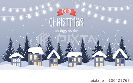 Christmas village landscape illustration with cute houses, fir trees and garlands with lights. Illustration with lettering in flat style. Vector 106423768