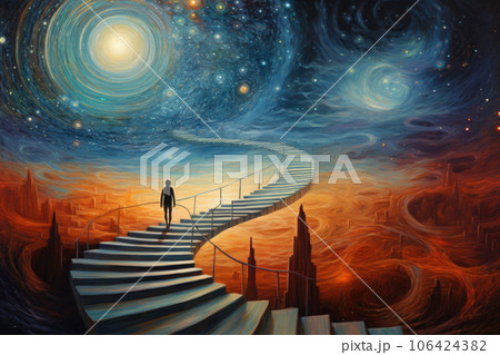 Lonely silhouette on stairs in surrealistic landscape. Generative AI Lonely silhouette on stairs in surrealistic landscape. Generative AI 106424382