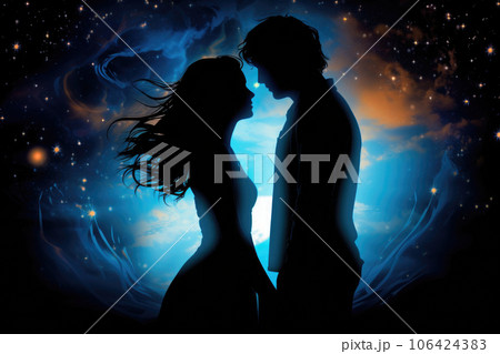 Couple in love standing against cosmic sky. Generative AI Couple in love standing against cosmic sky. Generative AI 106424383