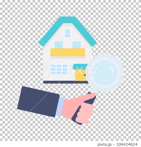 Illustration looking at a house with a magnifying glass Illustration looking at a house with a magnifying glass 106424624