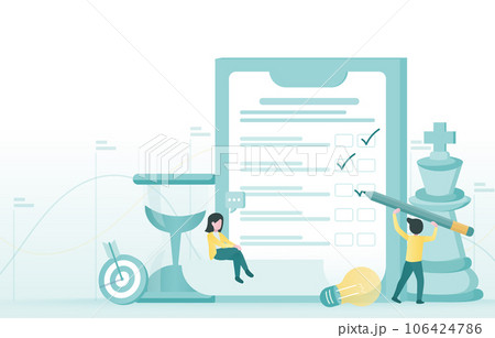 Business ideas and checklist concept. Business people holding big pencil sign on checklist paper. Making plans, reminder and assignments for success. Flat vector design illustration with copy space. 106424786