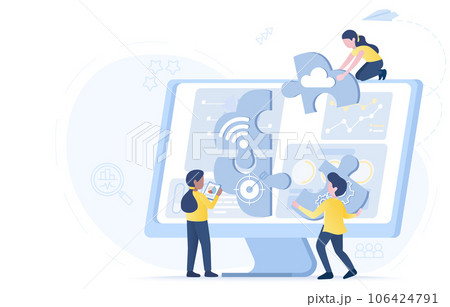 Business planning and brainstorming concept. Business people assemble puzzle jigsaw, marketing plan, evaluation, financial strategy. Flat vector design illustration with copy space. Business planning and brainstorming concept. Business people assemble puzzle jigsaw, marketing plan, evaluation, financial strategy. Flat vector design illustration with copy space. 106424791
