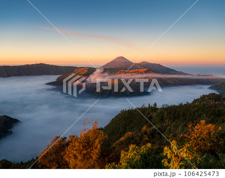 Bromo active volcano at sunrise,Tengger Semeru national park, East Java, Indonesia Bromo active volcano at sunrise,Tengger Semeru national park, East Java, Indonesia 106425473