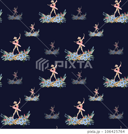 Seamless pattern with dancing ballerina. Watercolor handdrawn illustration with spring flowers, butterflies and fairy ballerina. Applicable for textiles, decor. Can be used as a background. 106425764