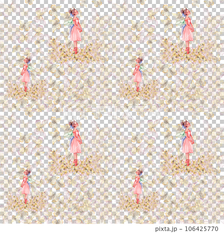 Seamless pattern with dancing ballerina. Watercolor handdrawn illustration with spring flowers, butterflies and fairy ballerina. Applicable for textiles, decor. Can be used as a background. Seamless pattern with dancing ballerina. Watercolor handdrawn illustration with spring flowers, butterflies and fairy ballerina. Applicable for textiles, decor. Can be used as a background. 106425770