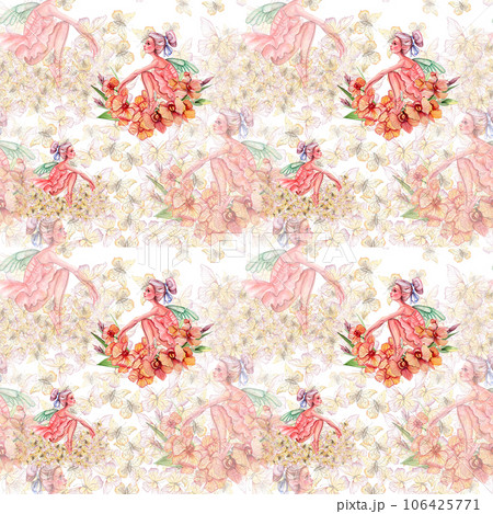 Seamless pattern with dancing ballerina. Watercolor handdrawn illustration with spring flowers, butterflies and fairy ballerina. Applicable for textiles, decor. Can be used as a background. 106425771