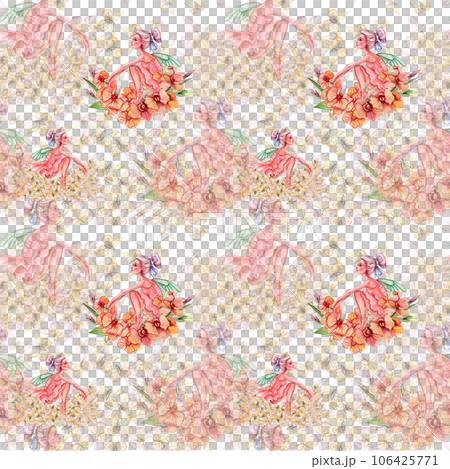 Seamless pattern with dancing ballerina. Watercolor handdrawn illustration with spring flowers, butterflies and fairy ballerina. Applicable for textiles, decor. Can be used as a background. 106425771