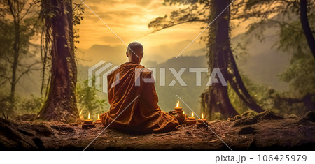 monk relaxing by candles on a rock in nature, banner 106425979