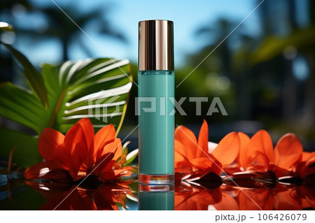 Container for cosmetic products with in turquoise orange, for label mockup 106426079