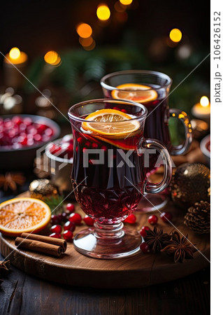 Mulled wine in glass cup. Traditional hot beverage for Christmas. Generative AI. 106426152