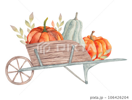 Wooden cart with pumpkins and leaves.Autumn composition.Decoration of seasonal holidays and Thanksgiving. Harvest concept.Watercolor illustration.Hand drawn isolated art 106426204