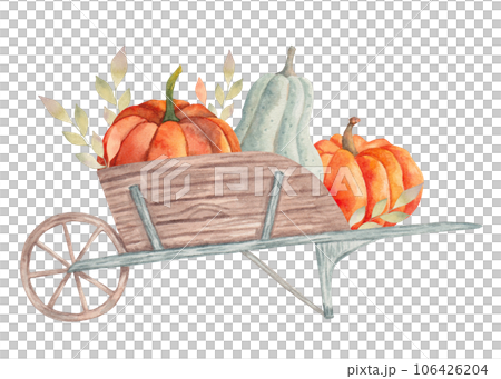 Wooden cart with pumpkins and leaves.Autumn composition.Decoration of seasonal holidays and Thanksgiving. Harvest concept.Watercolor illustration.Hand drawn isolated art 106426204