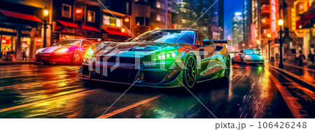 fast sports cars on city streets at night, banner fast sports cars on city streets at night, banner 106426248