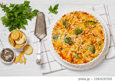 chicken rice broccoli casserole in baking dish 106426500