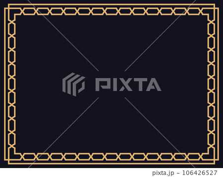 Art deco frame. Vintage linear border in gold color on a black background. Design a template for invitations, leaflets and greeting cards. The style of the 1920s - 1930s. Vector illustration 106426527