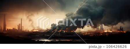 industrial factory spewing thick, black smoke into the atmosphere, contributing to air pollution. Generative AI 106426626