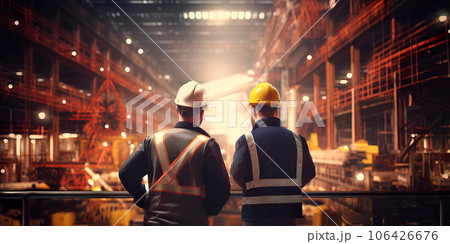 Industrial workers in safety vests and hard hats collaborating on a project. Generative Ai 106426676