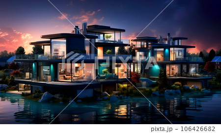 smart grid system, managing the distribution of green energy to homes and businesses, ensuring optimal efficiency.Generative Ai 106426682