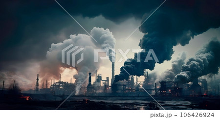industrial factory spewing thick, black smoke into the atmosphere, contributing to air pollution. Generative AI 106426924