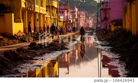 muddy floodwaters following heavy rainfall and inadequate flood management. Generative AI 106426943