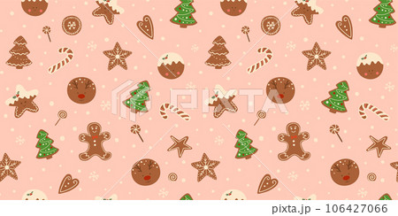 Christmas cookies pattern on pink background. Vector Christmas dessert seamless print, gingerbread illustration. Christmas cookies pattern on pink background. Vector Christmas dessert seamless print, gingerbread illustration. 106427066